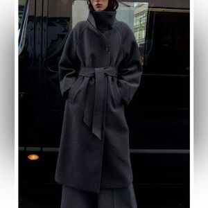 NWT- grey zara high neck long belted coat, funnel neck coat